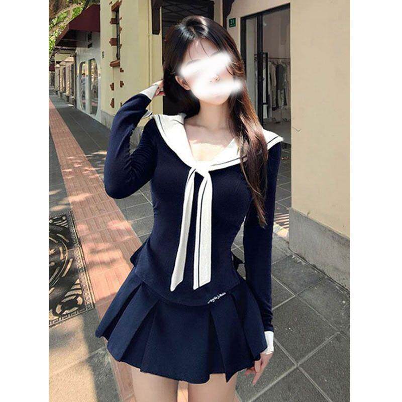 可爱甜美风海军领上衣套装女早秋设计感拼接打底衫高腰百褶半身裙