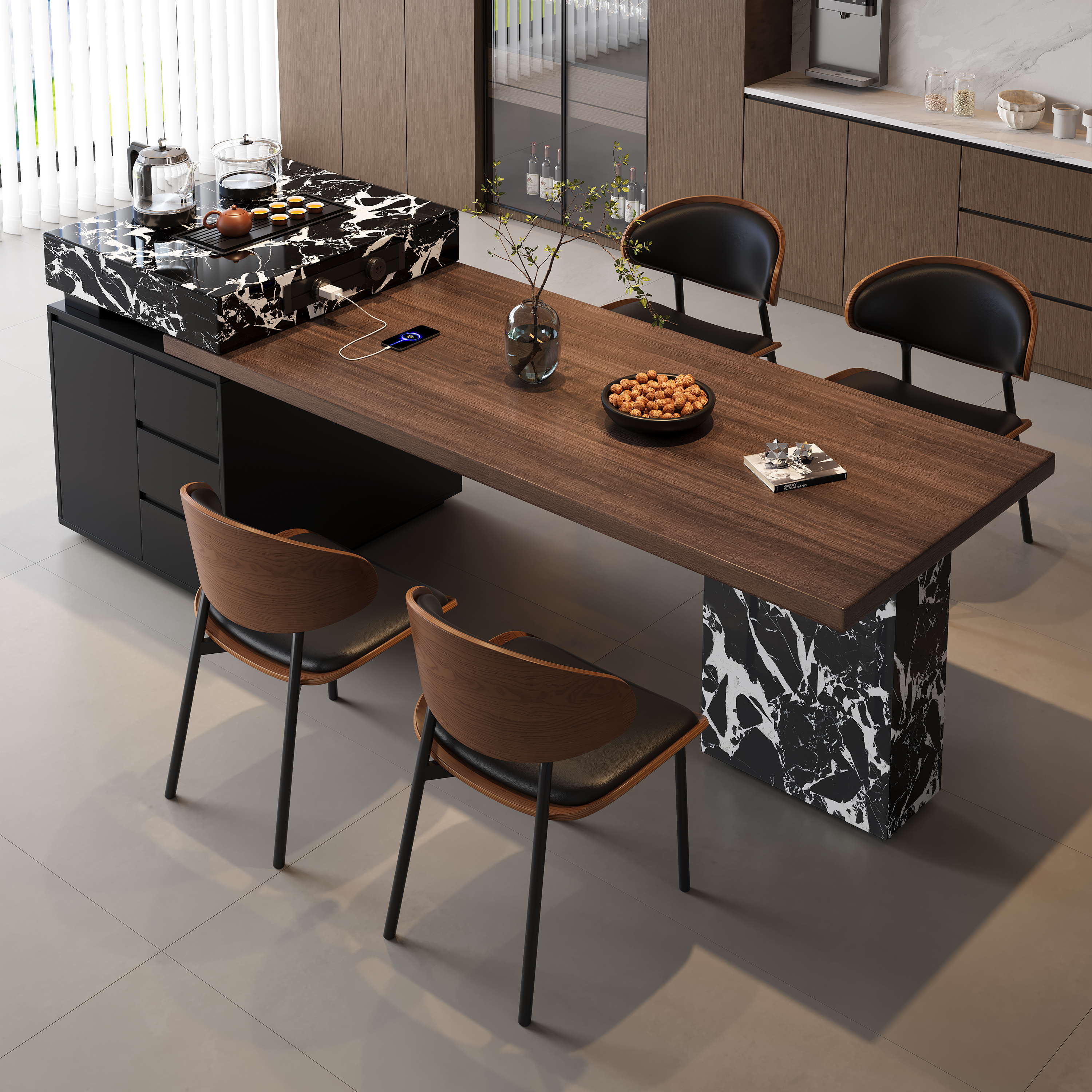 复古中古风实木加厚岩板岛台餐桌一体可伸缩高端家用设计师岛台桌