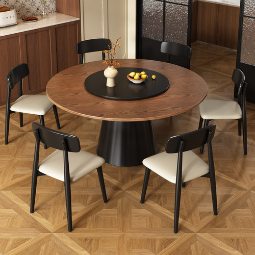 法式圆形中古风实木餐桌椅复古高端家用客厅小户型带转盘吃饭桌子