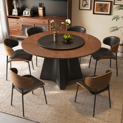 法式复古实木圆形岩板餐桌高端客厅复古家用小户型带转盘吃饭桌子