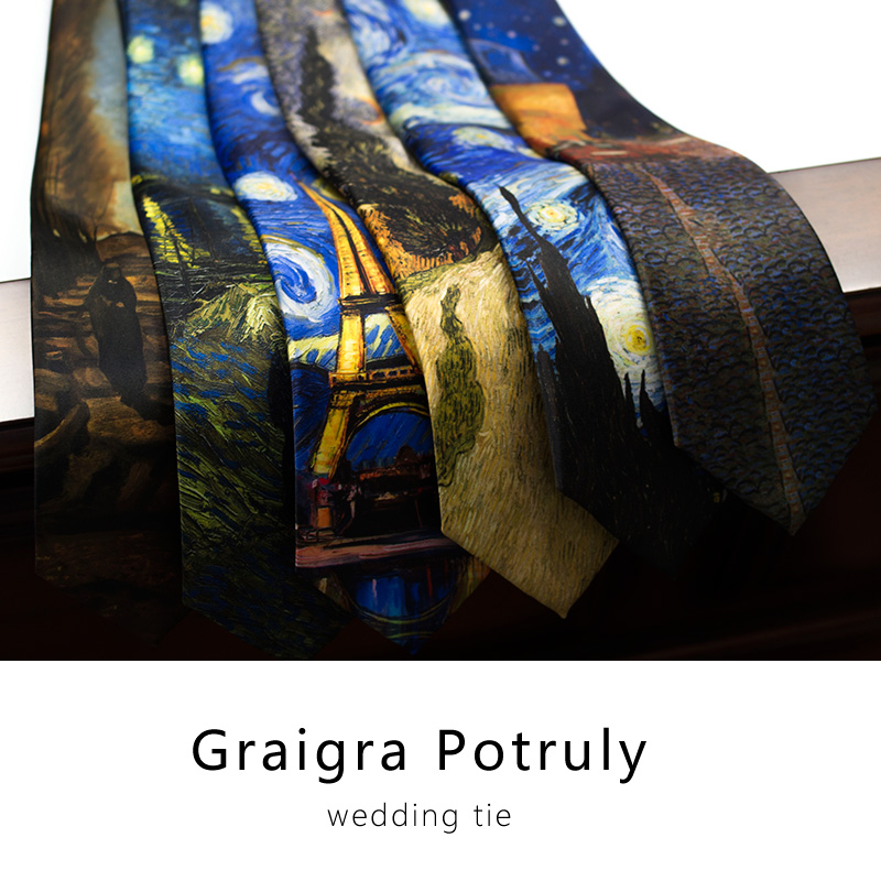 油画梵高星空领带男士星月夜蓝色黄色印花仿真丝文艺个性毕业礼物