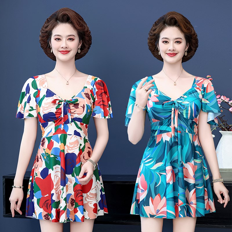 泡温泉中老年游泳衣女妈妈款加肥大码分体保守裙式中年.女士游泳