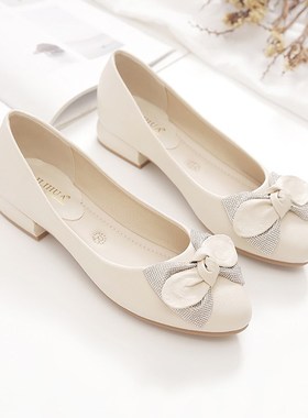 单鞋女2b025新款春秋百搭浅口女鞋软底软皮豆豆鞋中年粗跟妈妈鞋