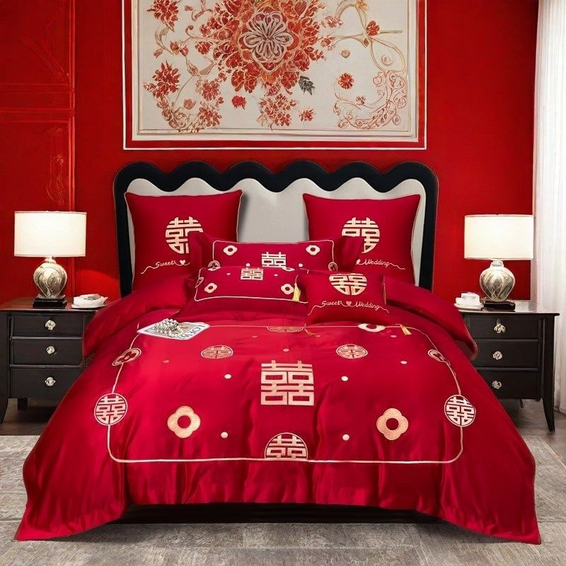 大红色结婚四件套全棉刺绣婚庆床上用品R床单被套龙凤呈祥,床上用品,婚庆床品套件,淘宝优惠券,粉丝福利购,淘宝优惠卷