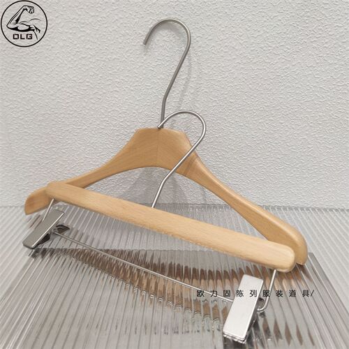 服装店实木衣架榉木清漆u衣挂裤夹防滑衣撑裤架定制LOGO
