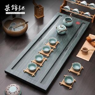 大号石头茶海干泡乌金茶台 茶锦记绿檀木纹石茶盘功夫茶具盘套装