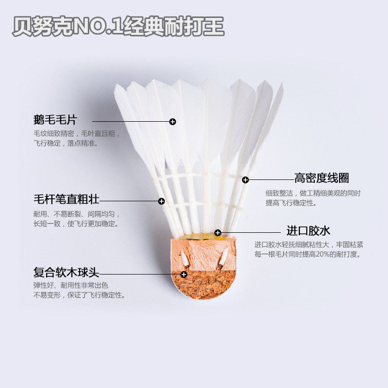 羽毛球鹅毛耐打王贝努r克打不烂1号训练球飞行稳定12只装