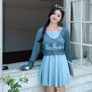 泳衣女大码胖mm遮肉遮肚显瘦保守D裙式时尚三件套长袖泡温泉泳装