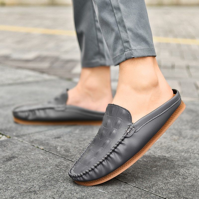 2025新e款半拖鞋男韩版一脚蹬懒人鞋无后跟皮面软底开车休闲豆豆,流行男鞋,包头拖,淘宝优惠券,粉丝福利购,淘宝优惠卷