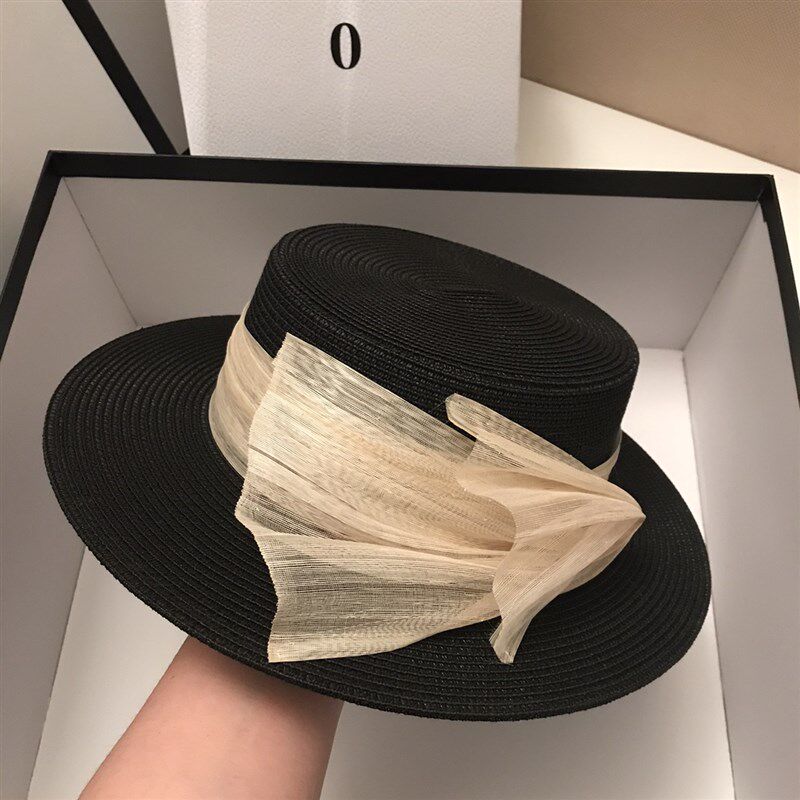 高端手工麻d纱夏天草帽宽沿平顶礼帽遮阳防晒显脸小海边度假风优