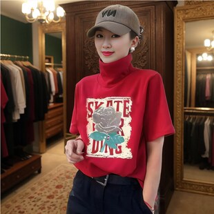 高领T恤女夏季新款个性t显瘦潮流网红气休闲玫瑰印花女打底衫