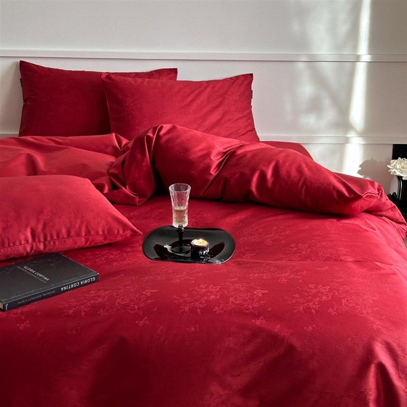 简约红色浪漫100支长绒棉全棉B婚庆四件套被套结婚房床上用品,床上用品,婚庆床品套件,淘宝优惠券,粉丝福利购,淘宝优惠卷