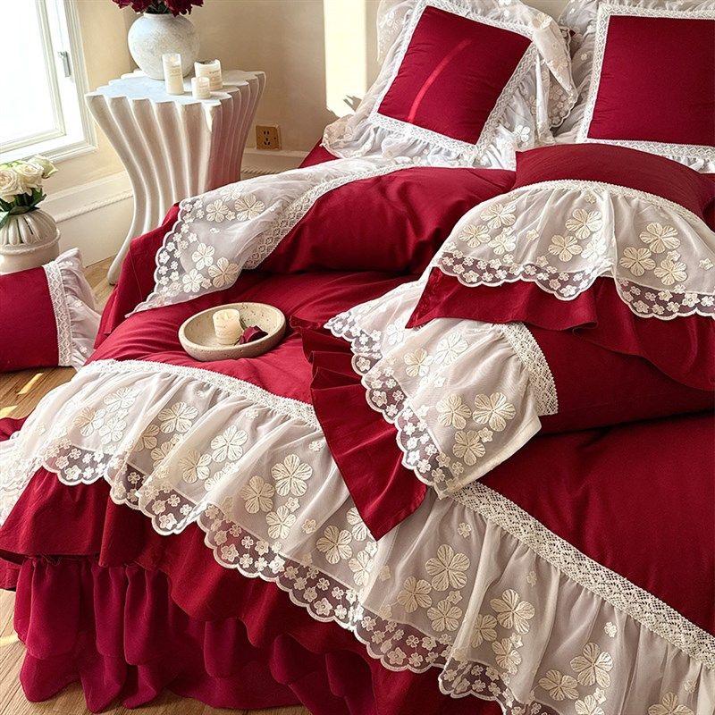 浪漫法式婚d庆四件套蕾丝大花边红色结婚被套床裙边1.8米床上用品,床上用品,婚庆床品套件,淘宝优惠券,粉丝福利购,淘宝优惠卷