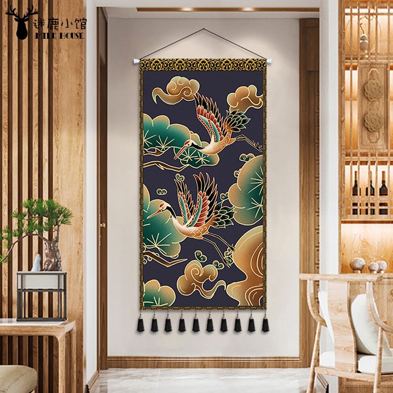 餐厅装饰画客厅玄关走廊布艺毯墙面壁背景布仙鹤书房挂画挂毯日式图片