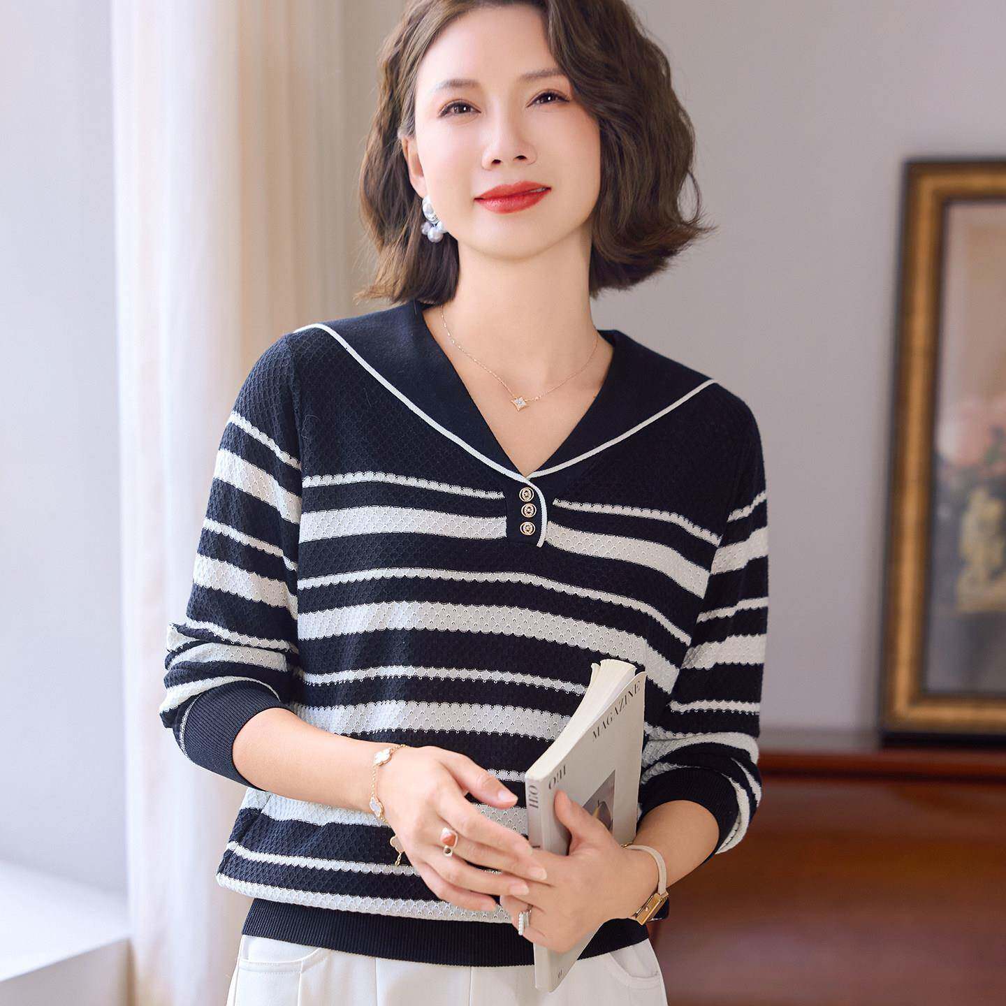 新品洋气妈妈春季针织小衫套装2026新款中老年女海军领条纹长袖打