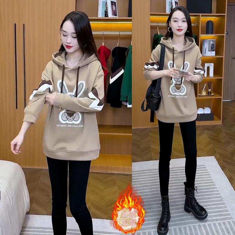 新品时尚休闲加绒加厚连帽卫衣女2026秋冬新款宽松显瘦中长款保暖
