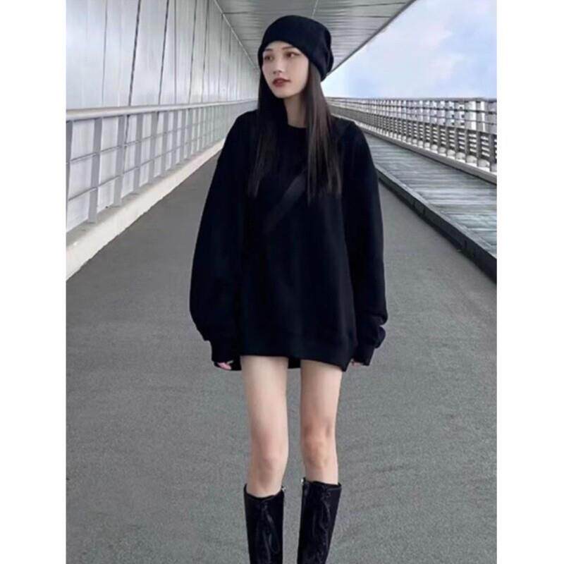新品慵懒风中长款套头卫衣女士2025新款秋季穿搭黑色休闲宽松圆领