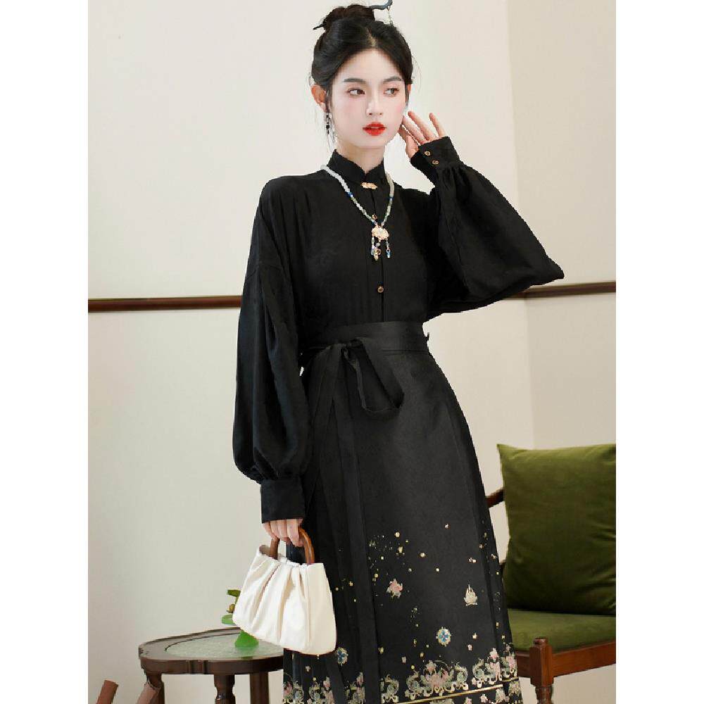 新品搭配马面裙的衬衫女款春季立领对襟改良汉服上衣新中式国风黑