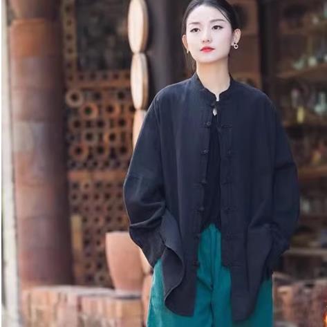 新品复古盘扣国风外套上衣女春秋单层文艺禅意茶服棉麻外套中长款