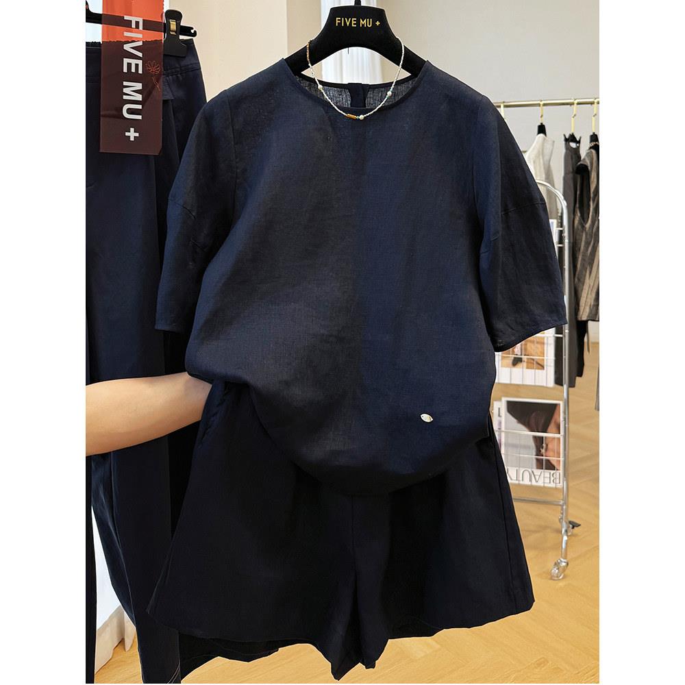 新品外贸出口品牌剪标日系文艺棉麻套装女洋气休闲运动阔腿短裤两
