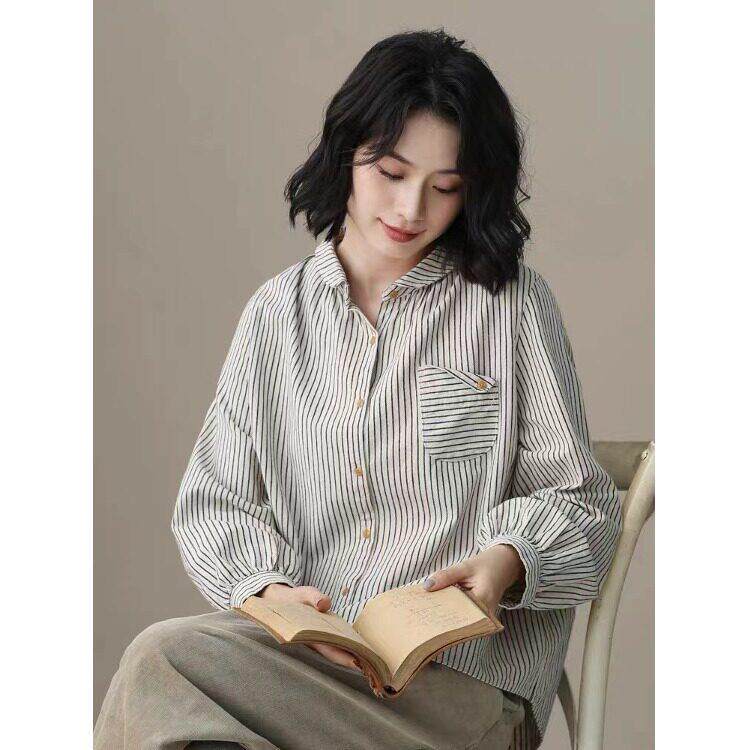 新品日系小众娃娃领打底条纹衬衫女文艺休闲百搭长袖棉麻春秋打底