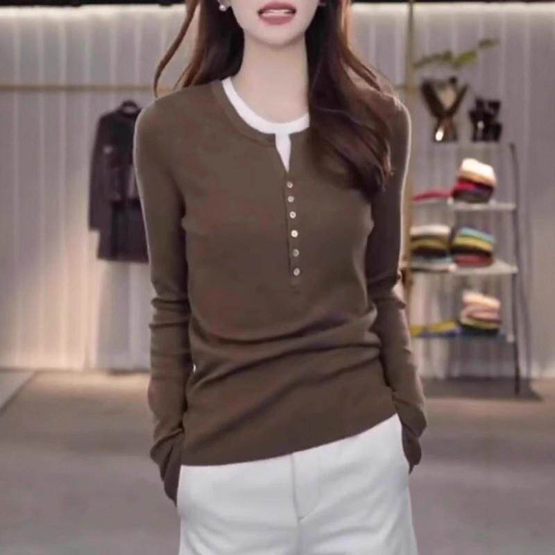 新品高级感灰色假两件长袖T恤女秋季大码胖mm修身纽扣打底衫洋气