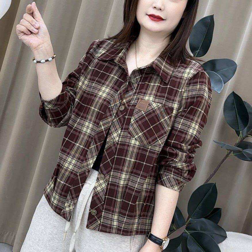 新品2026新款中老年女装妈妈春装外套短款春秋时尚洋气格子衬衫上