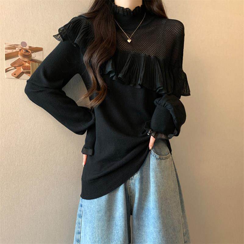 新品大码甜美半高领荷叶边拼接长袖针织衫女秋季胖MM宽松显瘦打底