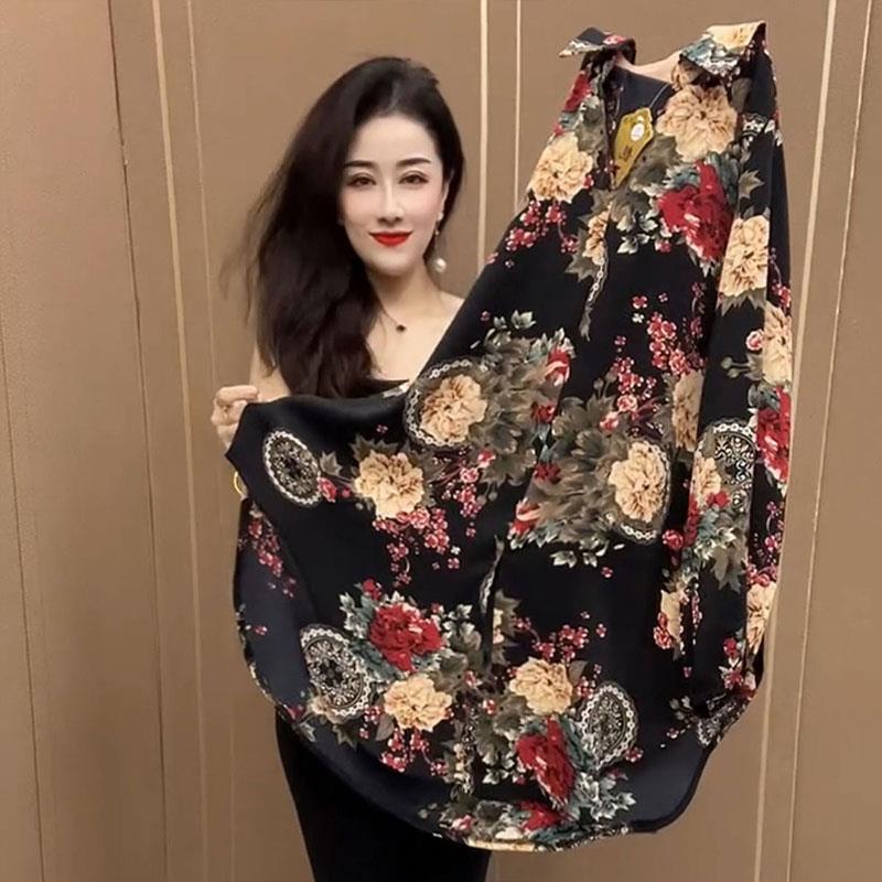 新品2026春季新款时尚花色中长款衬衫女气质宽松休闲遮肉大版衫妈