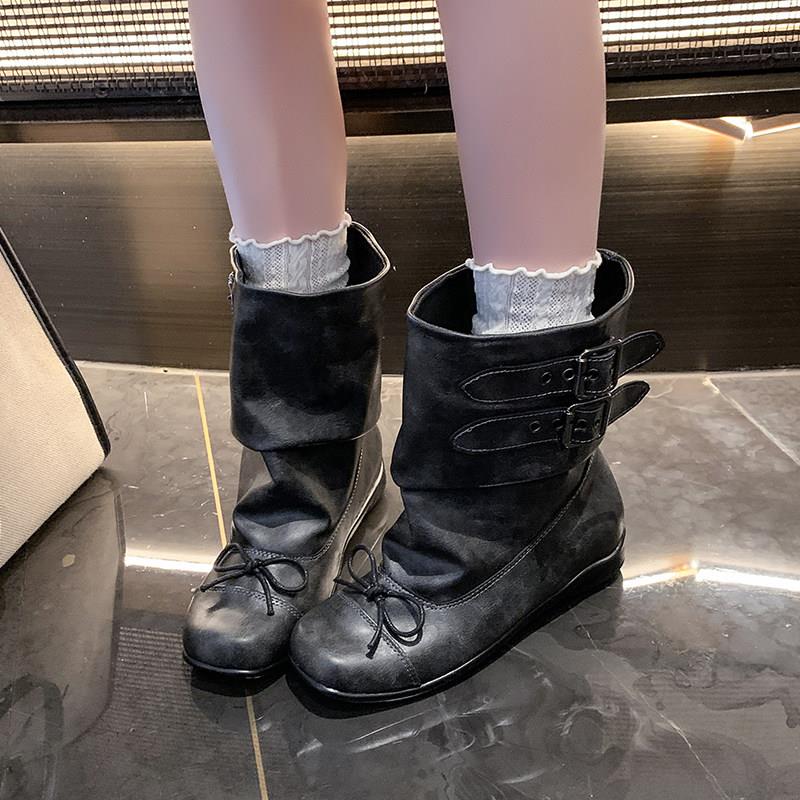 新品蝴蝶结短靴女2026春夏新款芭蕾风复古方头皮带扣厚底黑色褶皱