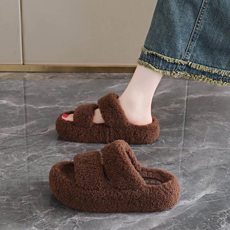 新品毛毛拖鞋女外穿秋冬2025新款爆款羊羔毛一字拖松糕厚底黑色棉