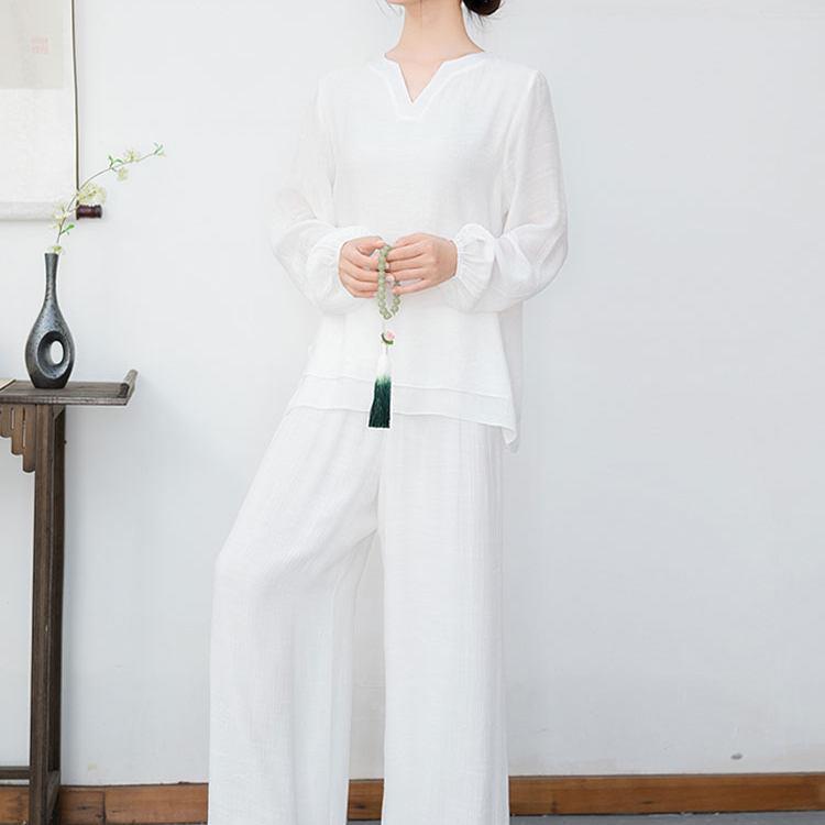 新品白色禅修服女打坐拜佛仙气疗愈禅服套装禅意佛系茶服居士服佛