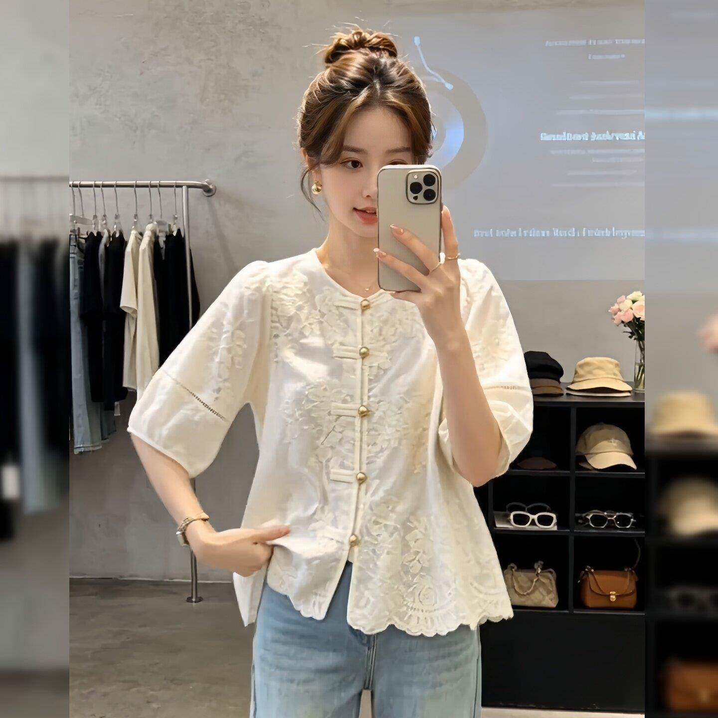 新品钩花镂空新中式刺绣短袖衬衫女高级感轻奢减龄洋气小衫2026年