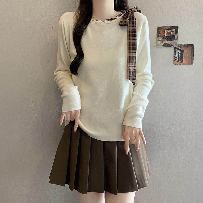 新品大码甜美格纹蝴蝶结圆领长袖毛衣女秋冬季胖MM宽松遮肉百搭打