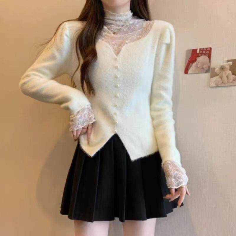 新品半高领蕾丝拼接打底衫女士针织上衣秋冬新款气质长袖套头内搭
