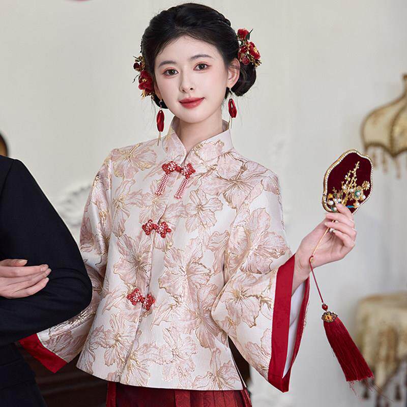 新品搭配马面裙敬酒服宽松外套冬季新款盘扣衬衫女新中式国风立领
