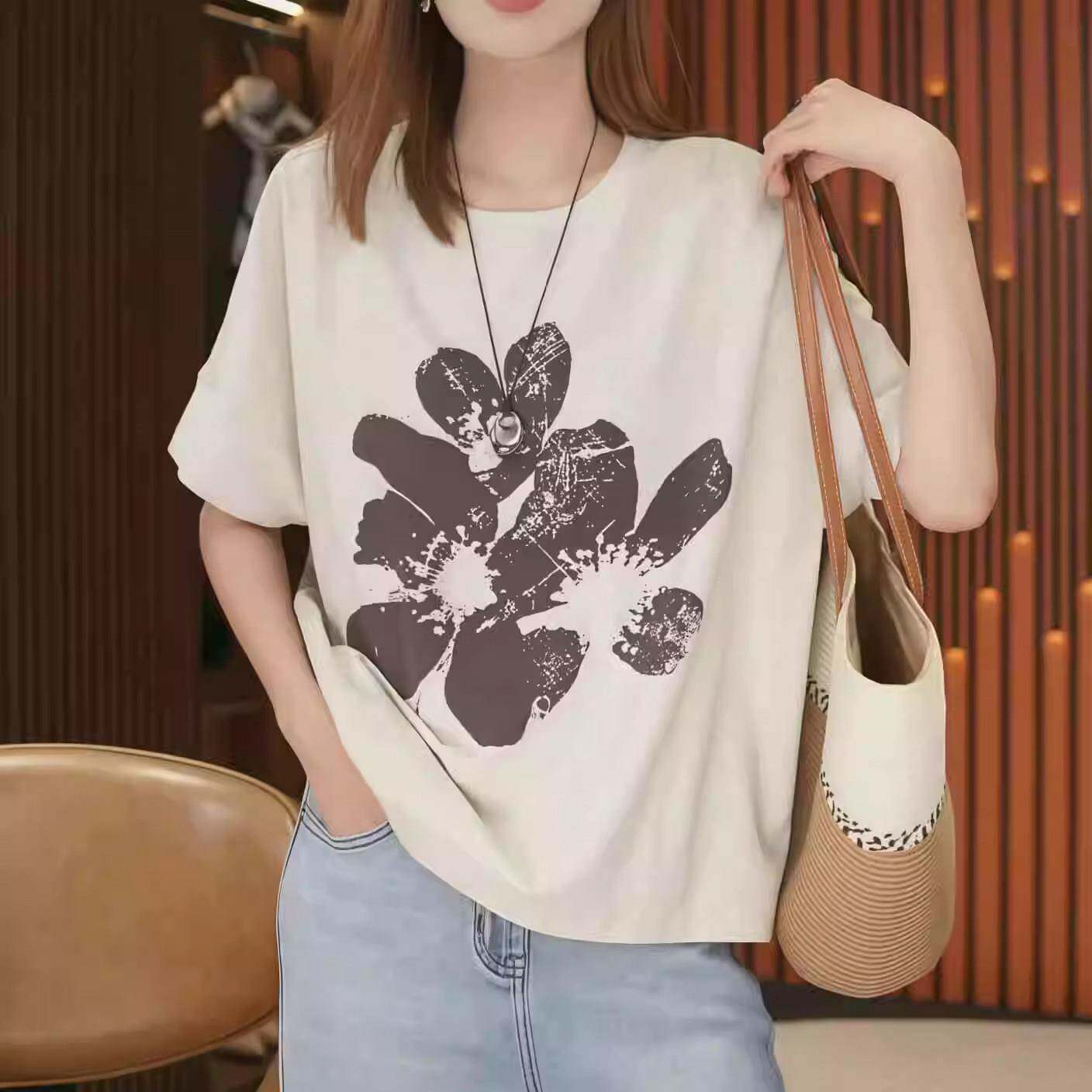 新品大码早秋宽松圆领印花短袖t恤女胖MM显瘦时尚气质百搭蝙蝠袖
