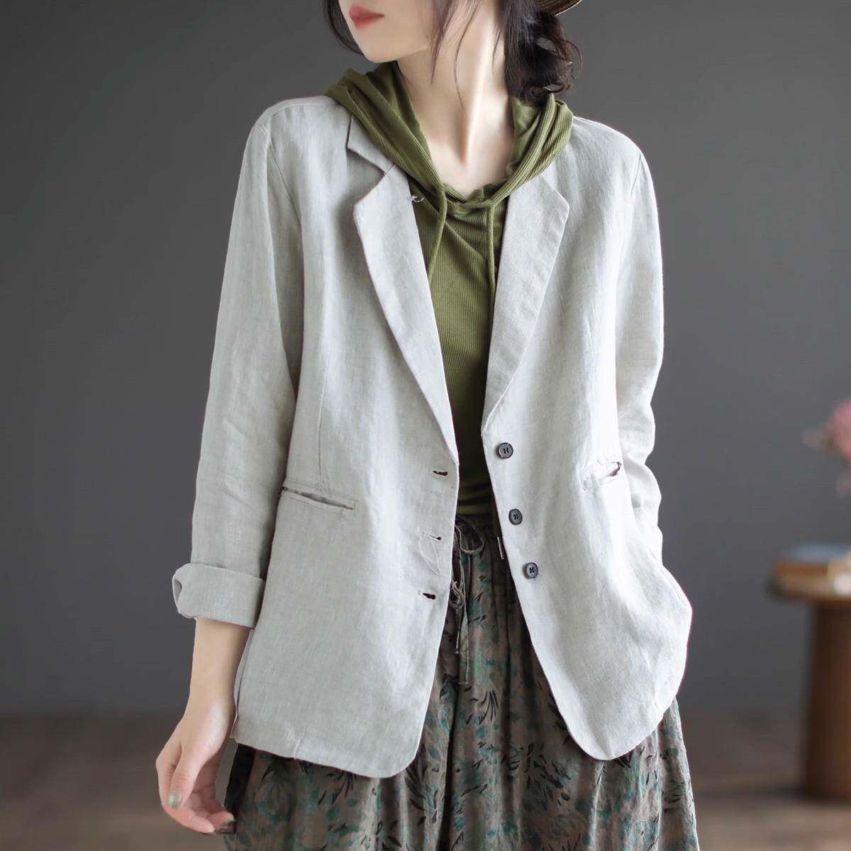 新品2026春秋薄款文艺棉麻西装短外套女日系休闲亚麻西服长袖上衣