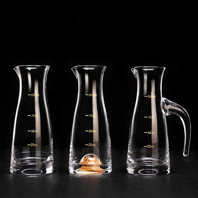 新品水晶玻璃白酒分酒器金箔带把手二两白酒公杯带刻度100ml分酒