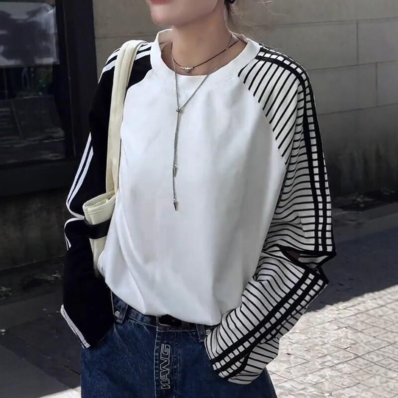 新品大码假两件条纹拼接镂空长袖t恤女秋季显瘦宽松设计感小众上