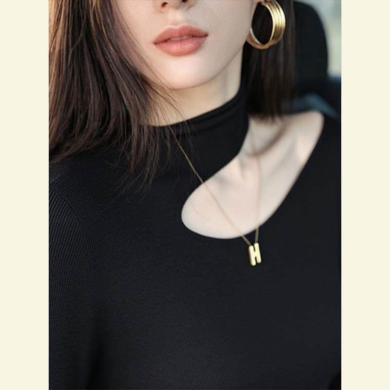 新品巨好看半高领挂脖毛衣女秋冬内搭中领打底衫法式掐腰露肩针织