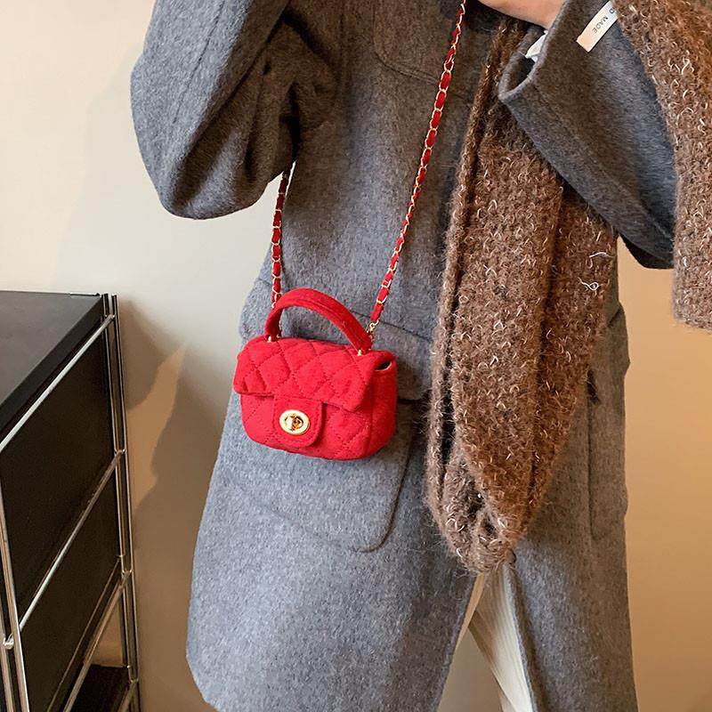 新品菱格链条红色包包女2024新款潮时尚手提小方包小香风单肩斜挎