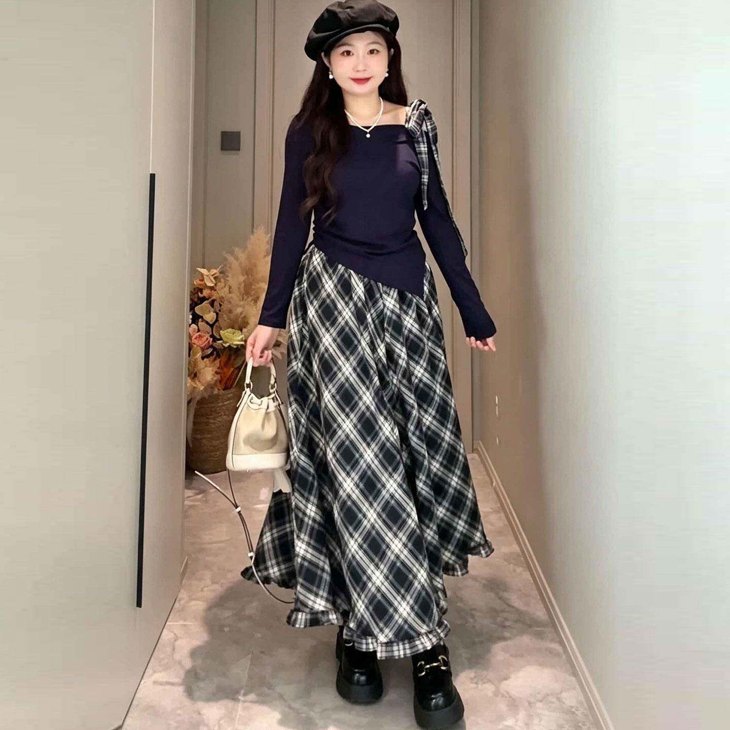 新品大码法式不规则长袖T恤格子半身裙两件套女秋季胖mm显瘦减龄