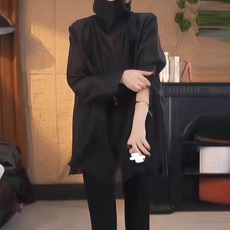 新品法式设计感绿色高领衬衫女春秋新款气质百搭打底衬衣宽松显瘦