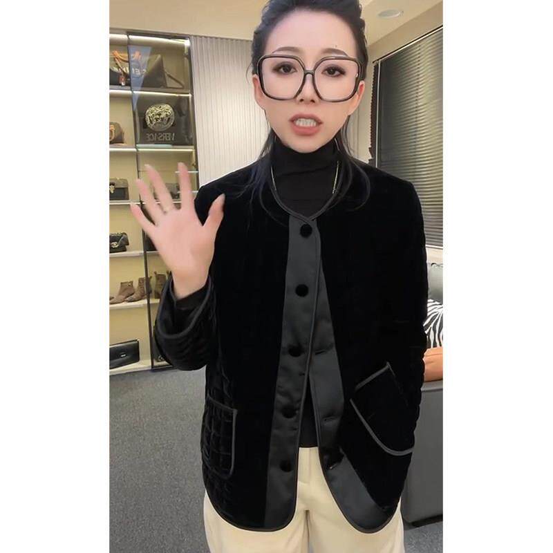 新品黑色时尚洋气简约百搭棉服女秋冬新款丝绒显瘦遮肉高级感休闲