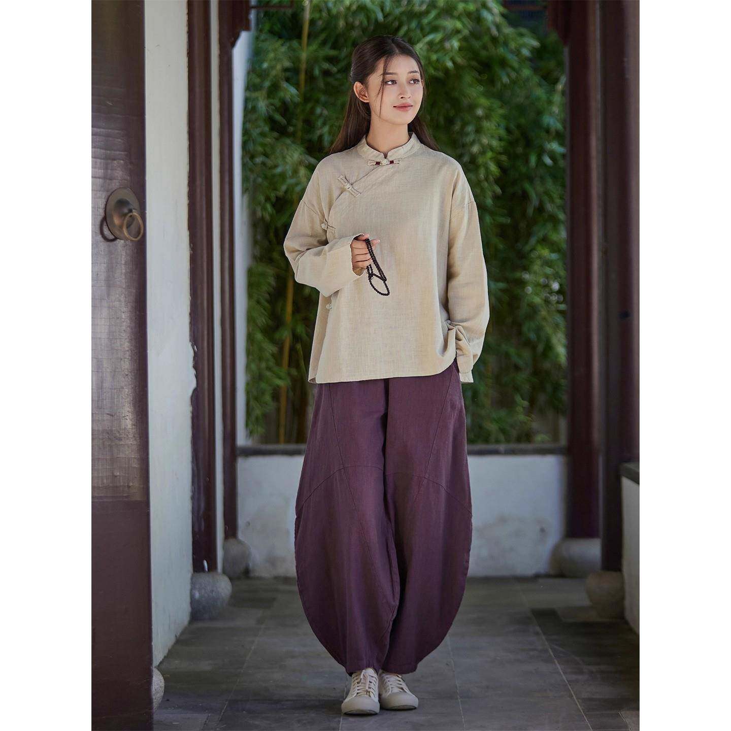 新品2026春秋款中国风复古手工缠线棉麻衫女式修行打坐居士服佛系