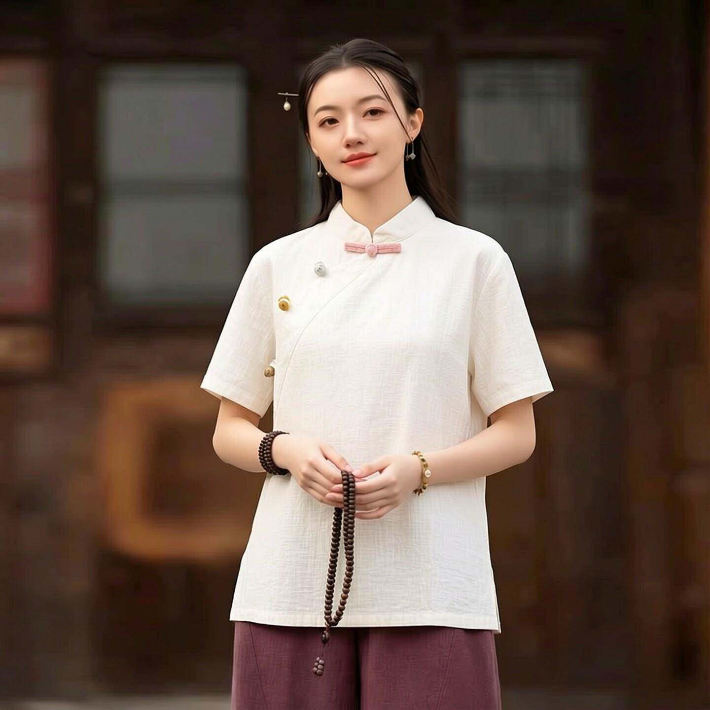 新品国风斜襟盘扣茶服开衫上衣女装棉麻短袖休闲宽松唐装衬衫禅意