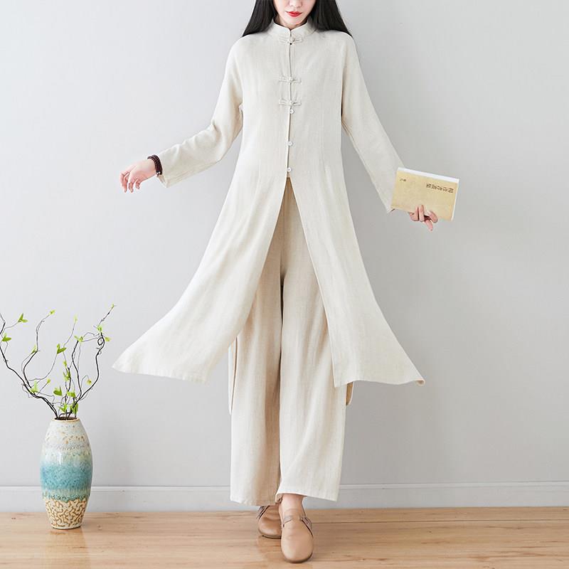 新品佛系禅意中式棉麻开衫素衣茶服女宽松中长款上衣裤子打太极服图片