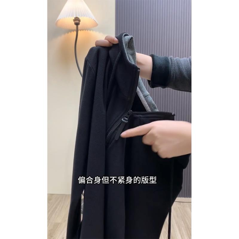 新品大码假两件正肩连帽卫衣女秋季胖mm显瘦宽松设计感半拉链长袖