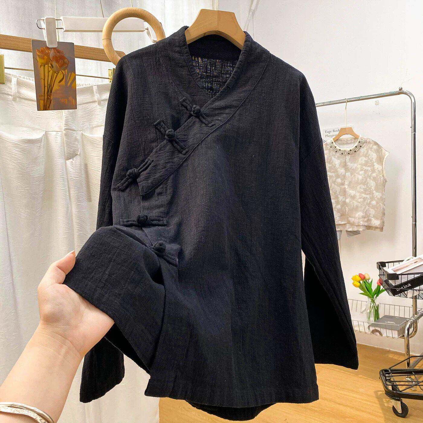新品中式风斜襟盘扣开衫汉服上衣春秋款长袖棉麻禅修居士服茶服衬